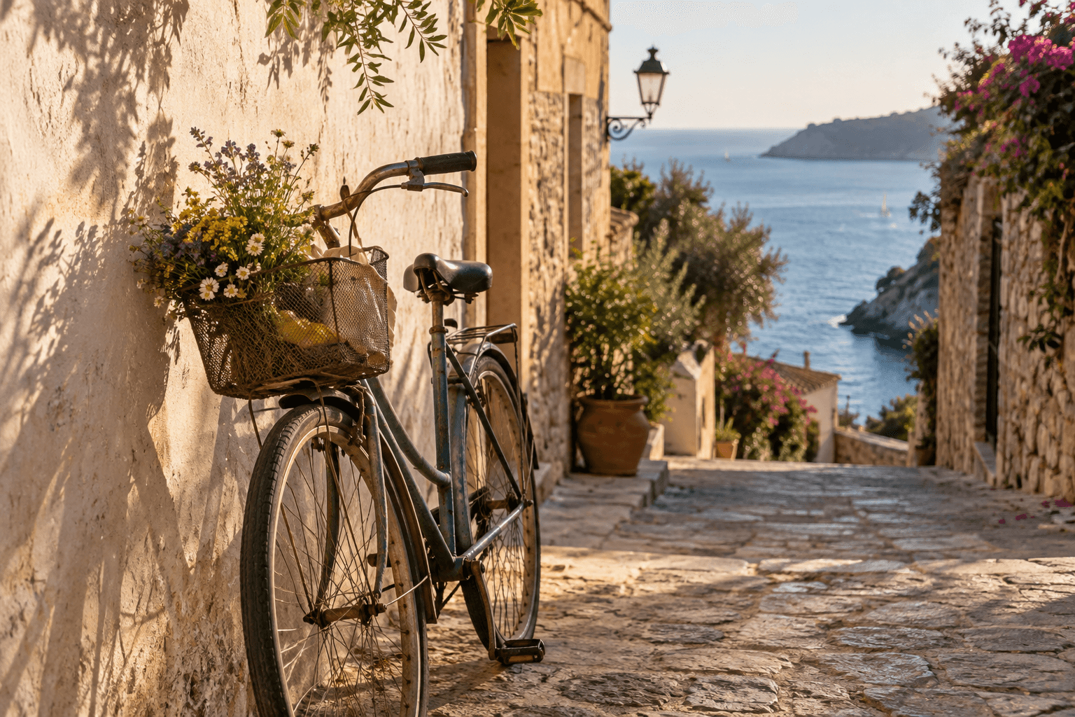 Una bicicletta con un cestino di fiori in un vicolo affacciato sul mare